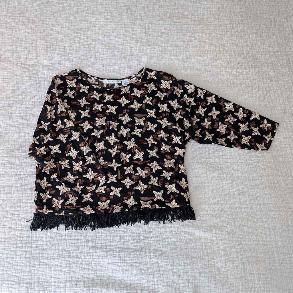 Chaus Black And Brown Fringed 3/4 Sleeve Pull Over Classic Rayon Blouse Size 10